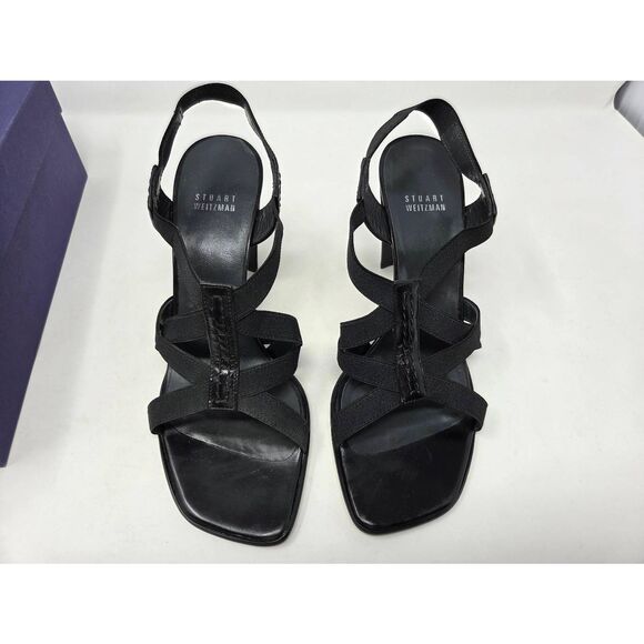 STUART WEITZMAN BLACK LEATHER ELASTIC STRAPPY BASILISK HEELED SANDAL SIZE 8.5M - Picture 4 of 9